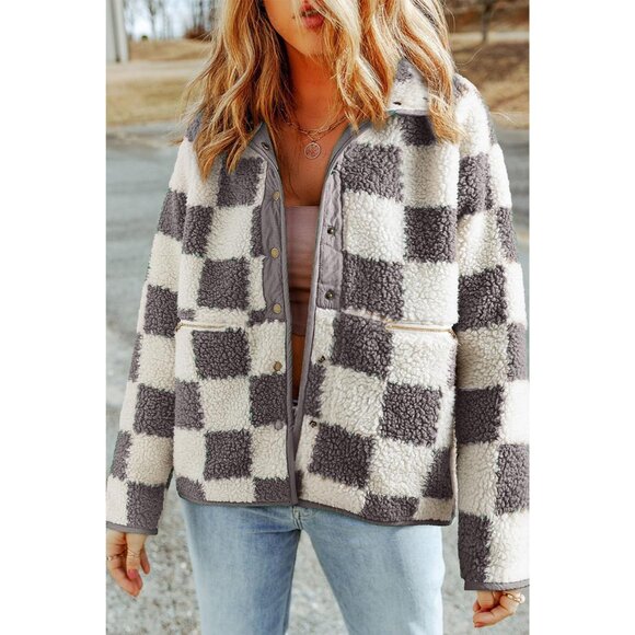 Women Sherpa Fall Jacket Plaid Casual Warm Loose Button Down Coats - Picture 3 of 3